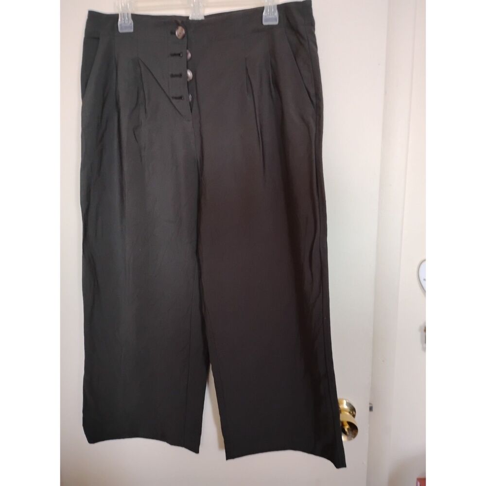 LOFT Dark Green Button-Front Wide-Leg High Waisted Pants size 10